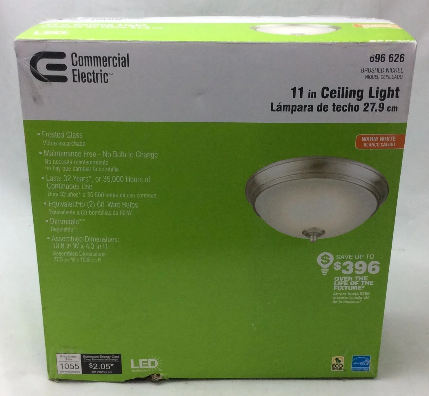 Brushed nickel LED ceiling light with frosted white glass shade *damaged box* - Image 2