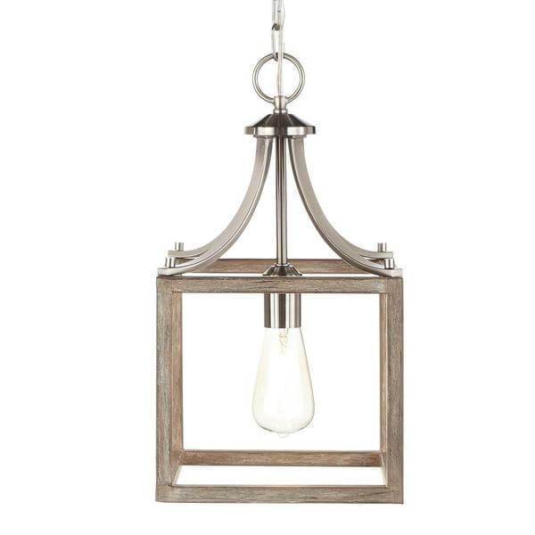 Boswell Quarter 9.44 in. 1-Light Brushed Nickel Mini Pendant with Painted Weathered Gray Wood Accents Damaged Box