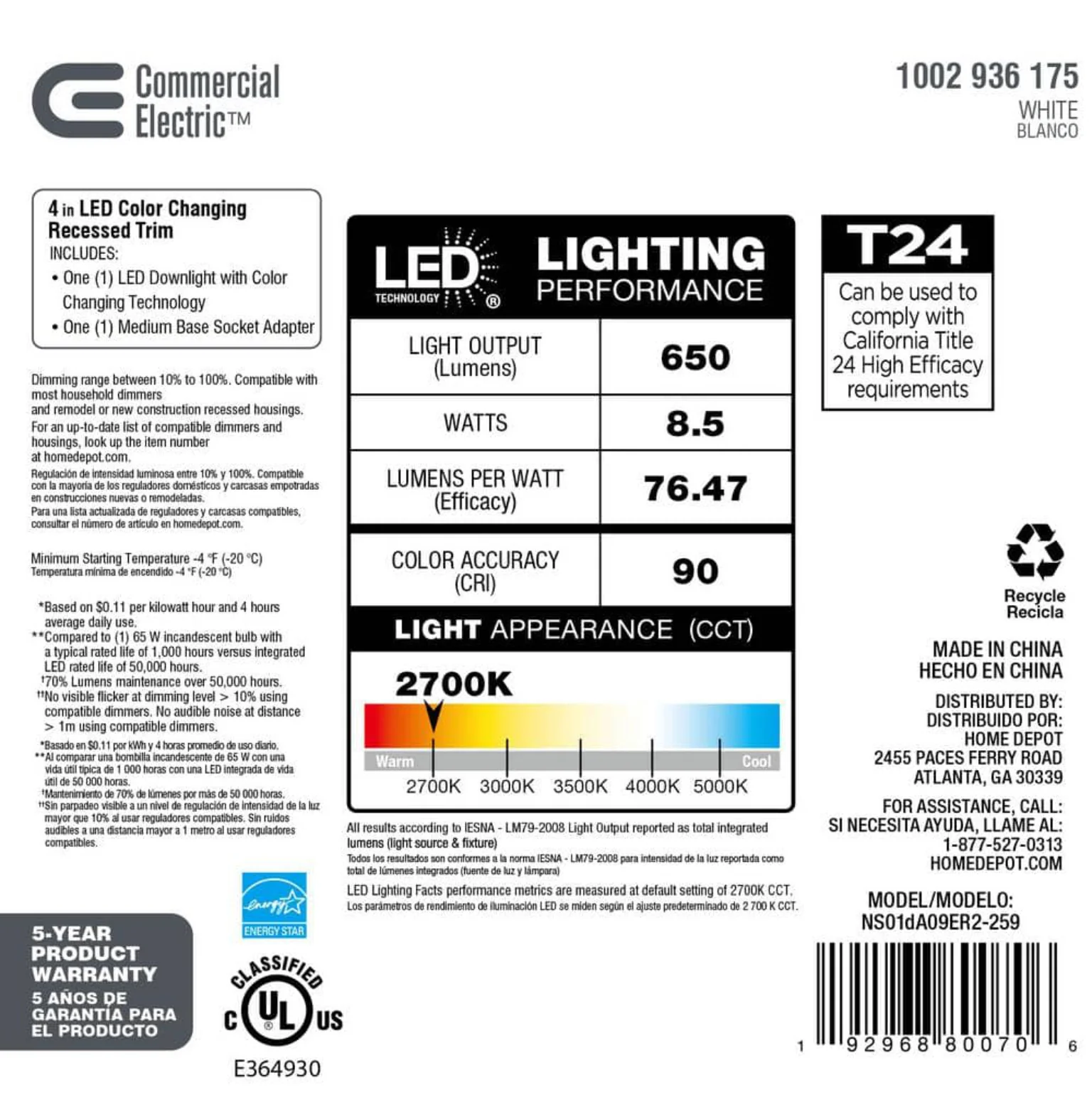 Commercial Electric 4 in. New Construction or Remodel White Dimmable LED Recessed Trim with Adjustable Color Changing Technology Damaged Box - Image 5