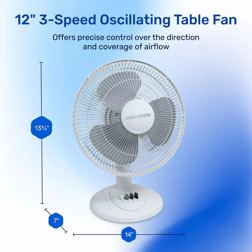 Cool Living 3 Speed Oscillating 12 Inch White Table Fan - Image 2
