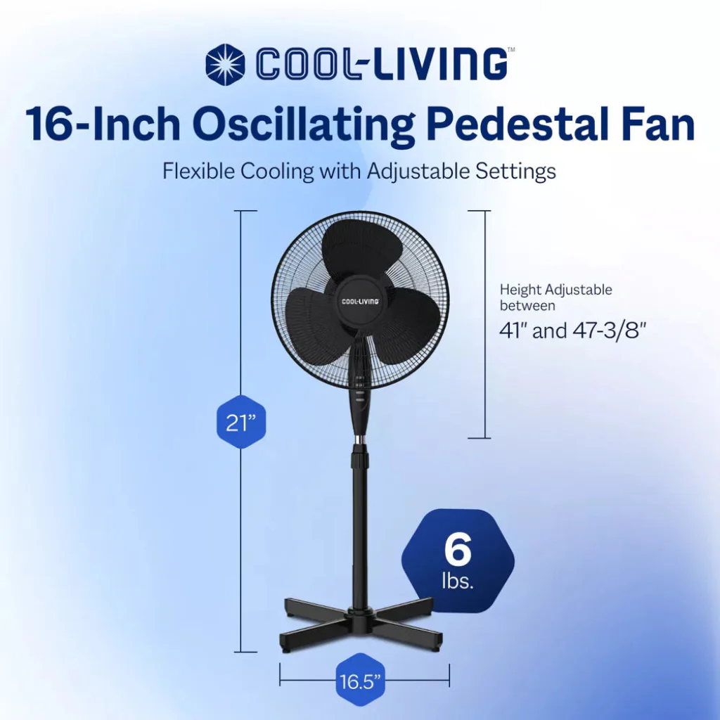 Cool Living Black 16 Inch Electric Oscillating Pedestal Fan - Image 2