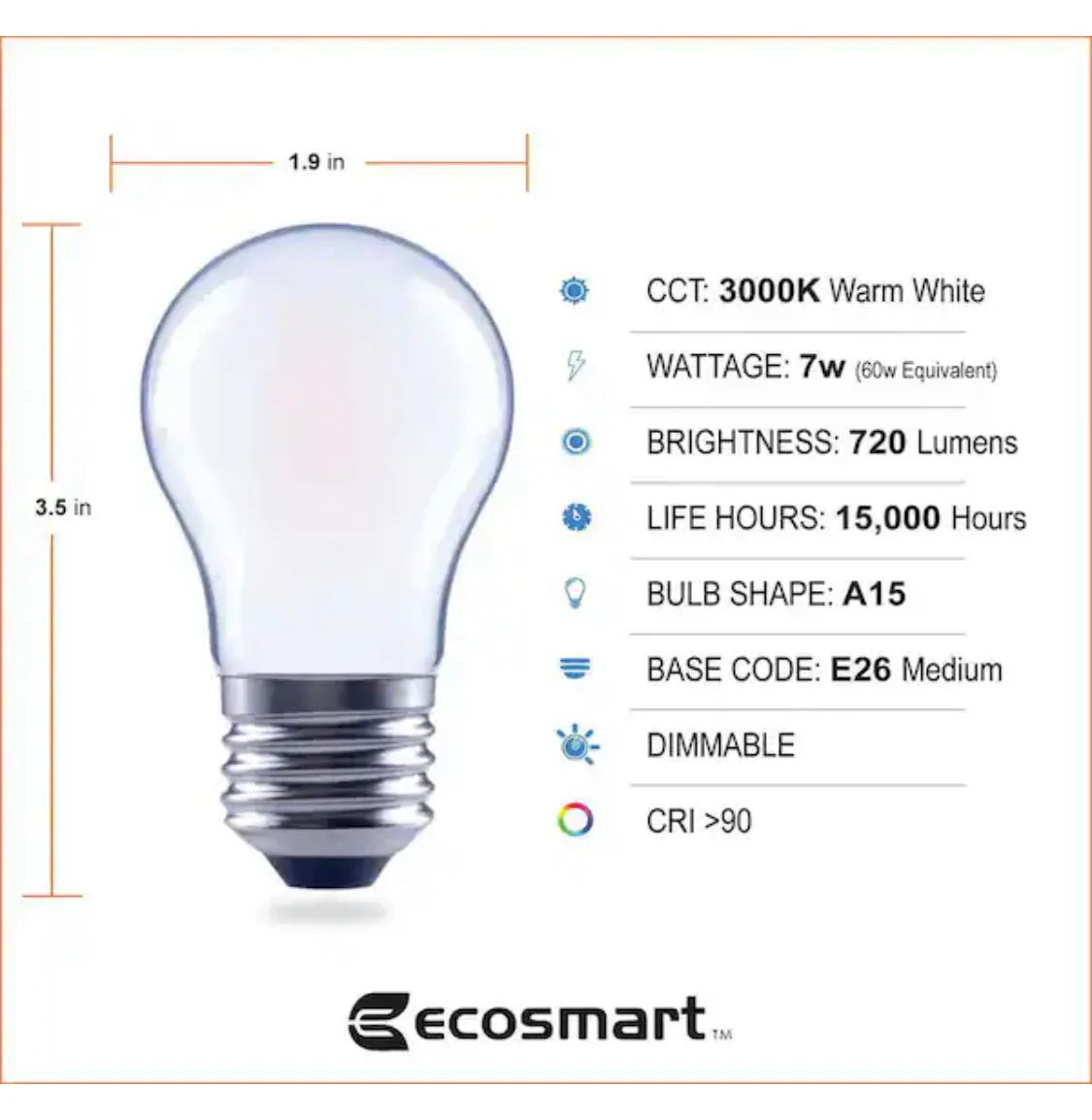 EcoSmart 60-Watt Equivalent A15 Dimmable Frosted Glass Filament LED Vintage Edison Light Bulb Bright White (3-Pack) - Damaged Box - Image 8