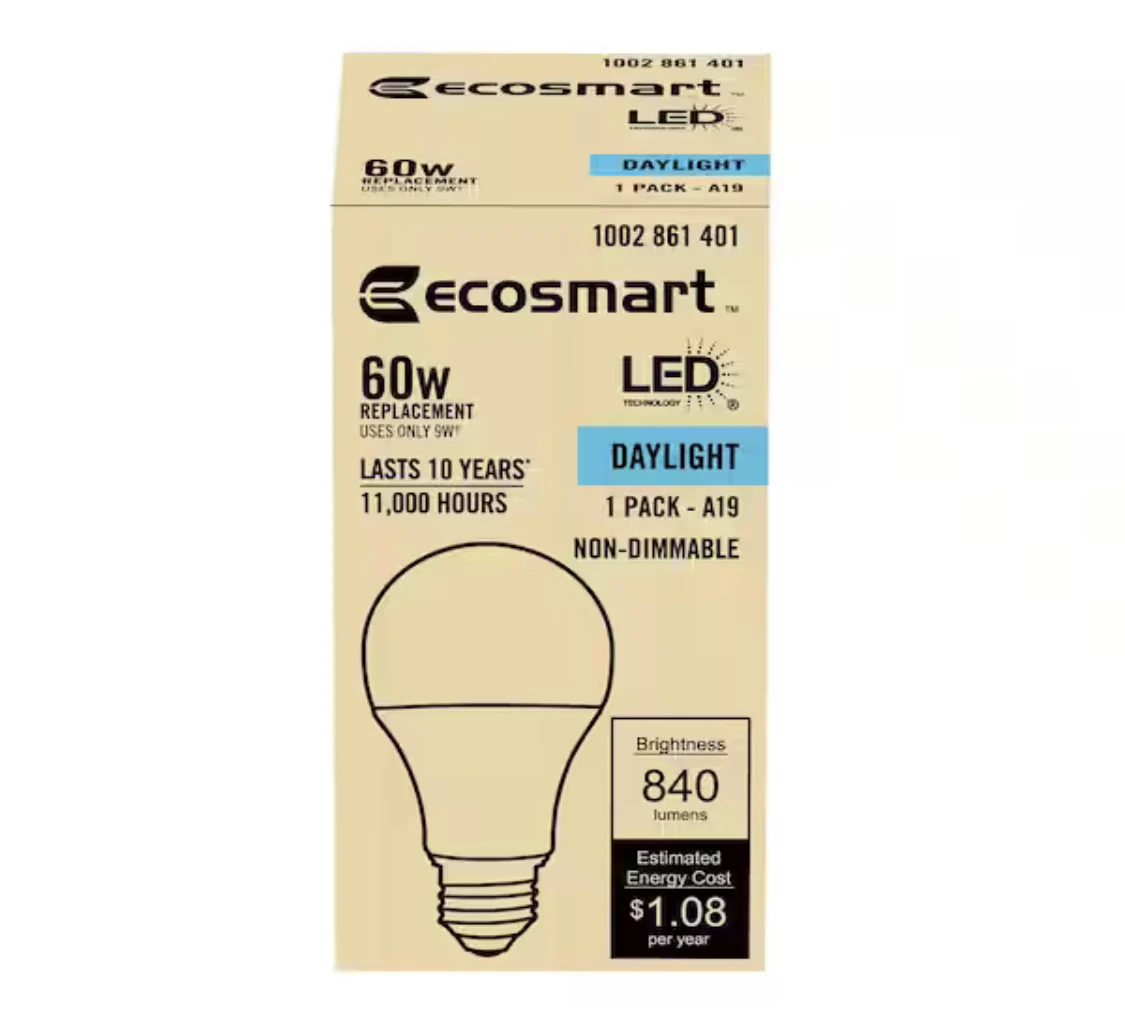 EcoSmart 60-Watt Equivalent A19 Non-Dimmable LED Light Bulb Daylight 5000 (1-Pack) - Image 4