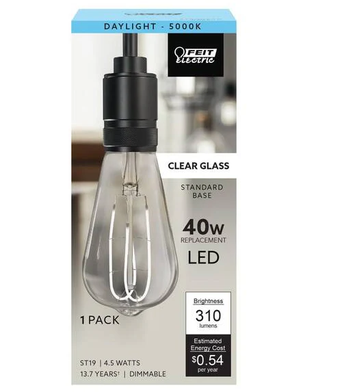 Feit Electric 40-Watt Equivalent ST19 Dimmable M-Shape Filament Clear Glass E26 Vintage Edison LED Light Bulb, Daylight 5000K Damaged Box - Image 2