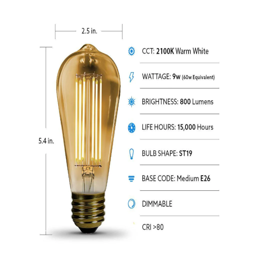 Feit Electric 60-Watt Equivalent ST19 Dimmable Straight Filament Amber Glass E26 Vintage Edison LED Light Bulb, Warm White 2100K Damaged Box - Image 4