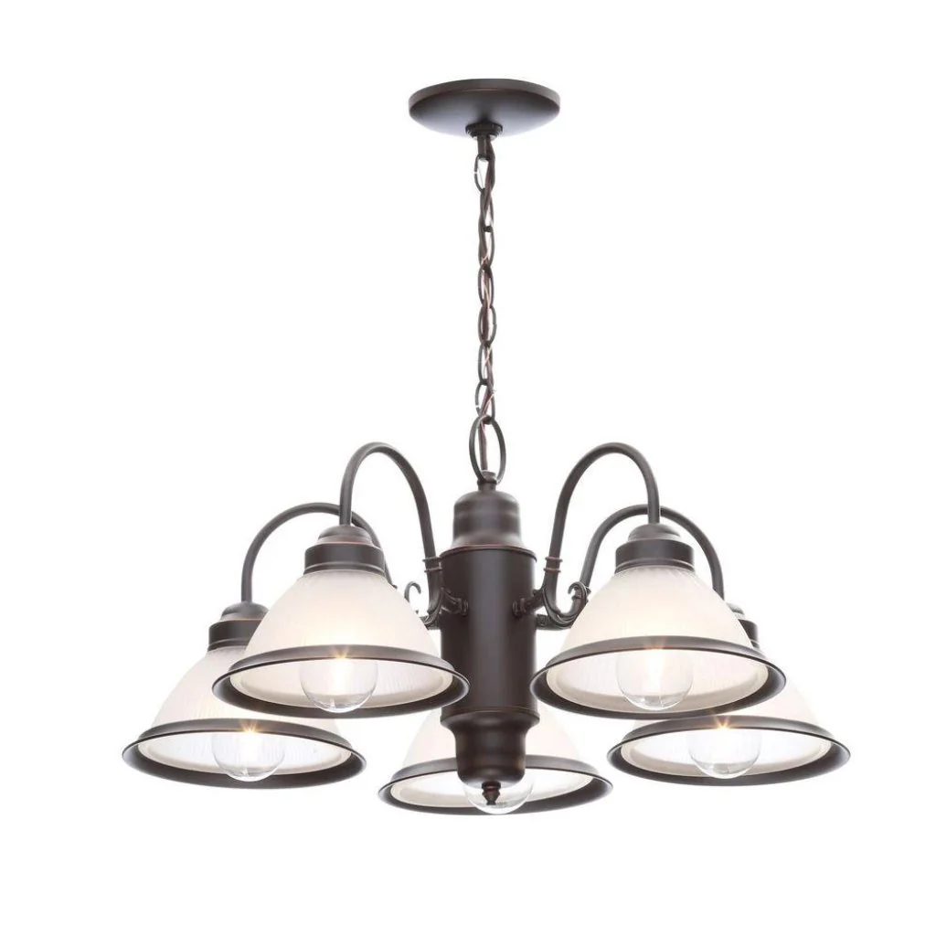 Hampton Bay Halophane 5 Light Oil Rubbed Bronze Chandelier with Frosted Ribbed Glass Shades Damaged Box