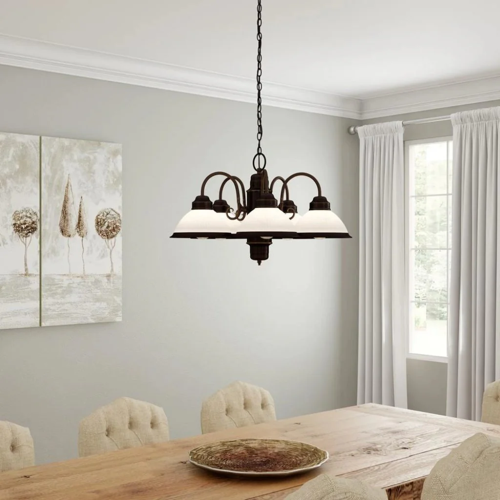Hampton Bay Halophane 5 Light Oil Rubbed Bronze Chandelier with Frosted Ribbed Glass Shades Damaged Box - Image 2