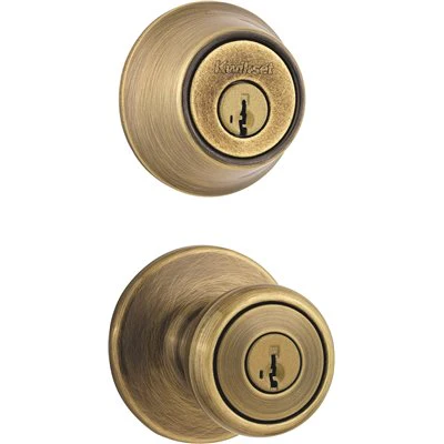 KwiksetTylo Antique Brass Entry Door Knob and Single Cylinder Deadbolt Combo Pack Featuring SmartKey Security