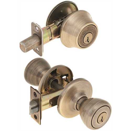 KwiksetTylo Antique Brass Entry Door Knob and Single Cylinder Deadbolt Combo Pack Featuring SmartKey Security - Image 2