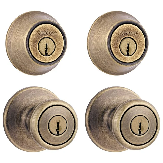 Kwikset 242 Tylo Entry Knob and Single Cylinder Deadbolt Project Pack in Antique Brass Damaged Box - Image 2