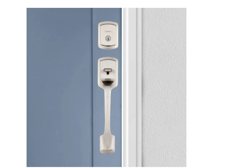 Kwikset Prague Satin Nickel Single Cylinder Entry Door Handleset with Round Pismo Knob Featuring SmartKey Security - Image 6
