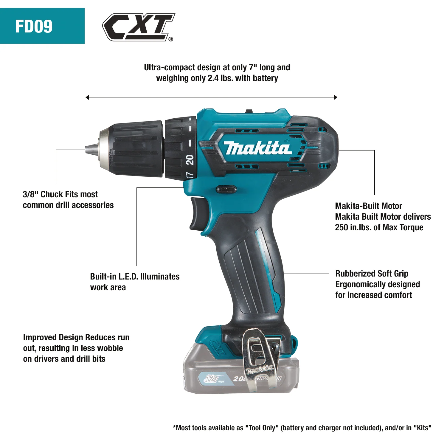 Makita 12V max CXT Lithium‑Ion Cordless  3/8 Inch Driver‑Drill Kit 2.0Ah Factory Serviced - Image 10