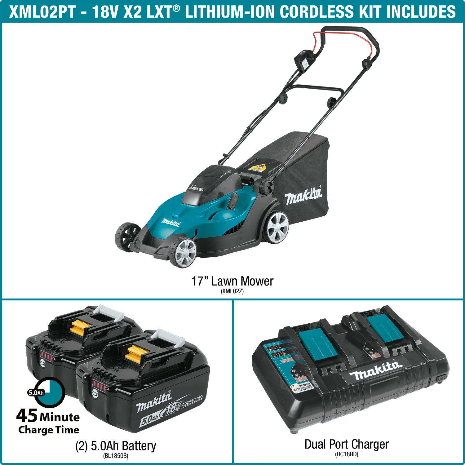 Makita 36 Volt LXT 17 Inch Lawn Mower Kit 5.0Ah Factory Serviced - Image 5