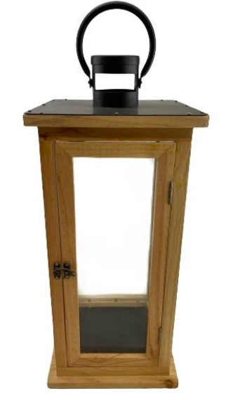 Oak Square with Natural Pine Wood Finish and Metal Top Candle Lantern Set of 2 - Image 3