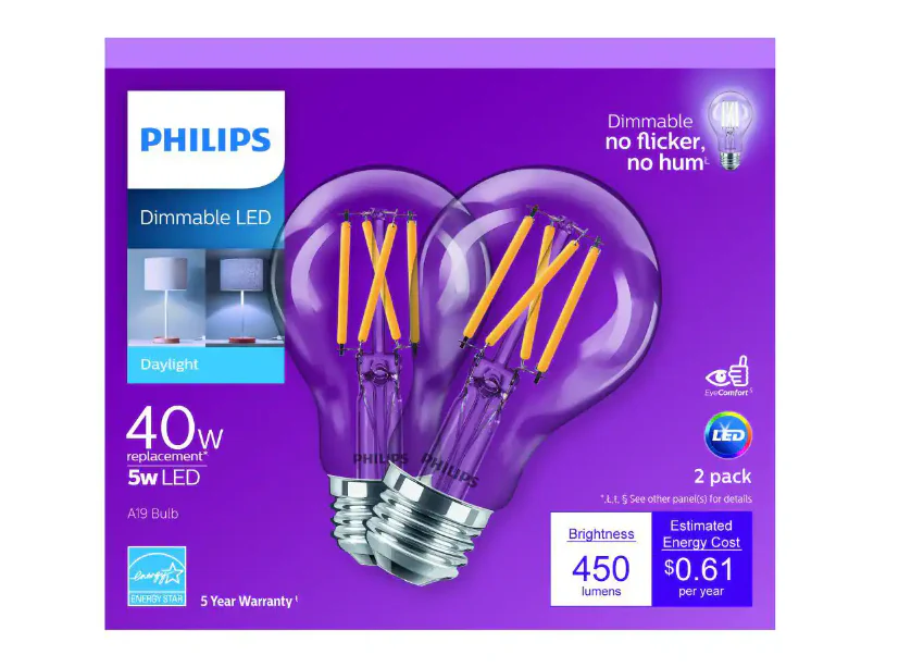 Philips 40 W Equivalent A19 Dimmable Energy Saving Clear Glass Indoor/Outdoor LED Light Bulb Daylight (5000K) (2-Pack) Damaged Box - Image 3