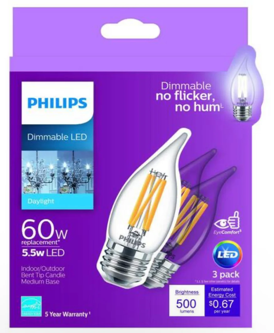 Philips 60-Watt Equivalent B11 Dimmable Edison LED Candle Light Bulb Glass Bent Tip Medium Base Daylight (5000K) (3-Pack) - Damaged Box - Image 7