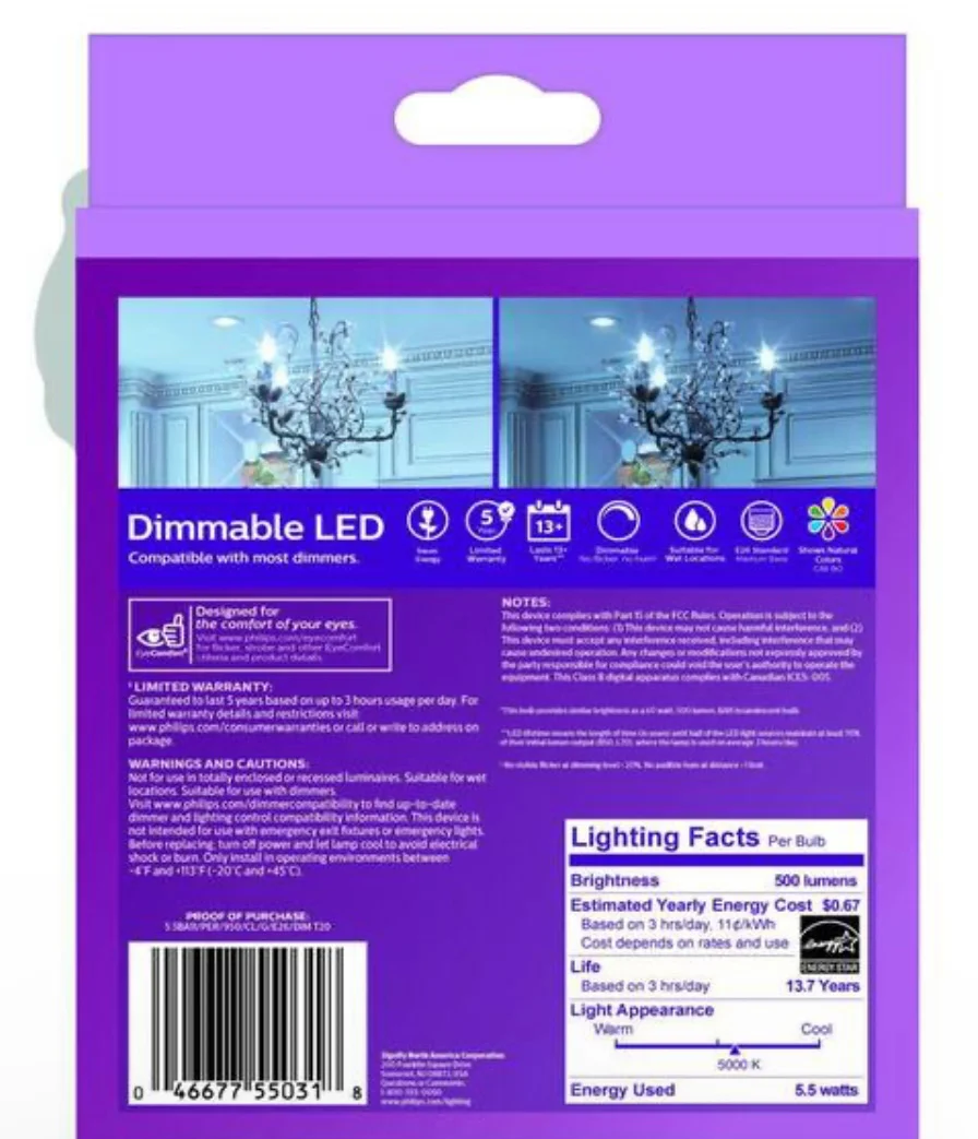 Philips 60-Watt Equivalent B11 Dimmable Edison LED Candle Light Bulb Glass Bent Tip Medium Base Daylight (5000K) (3-Pack) - Damaged Box - Image 9