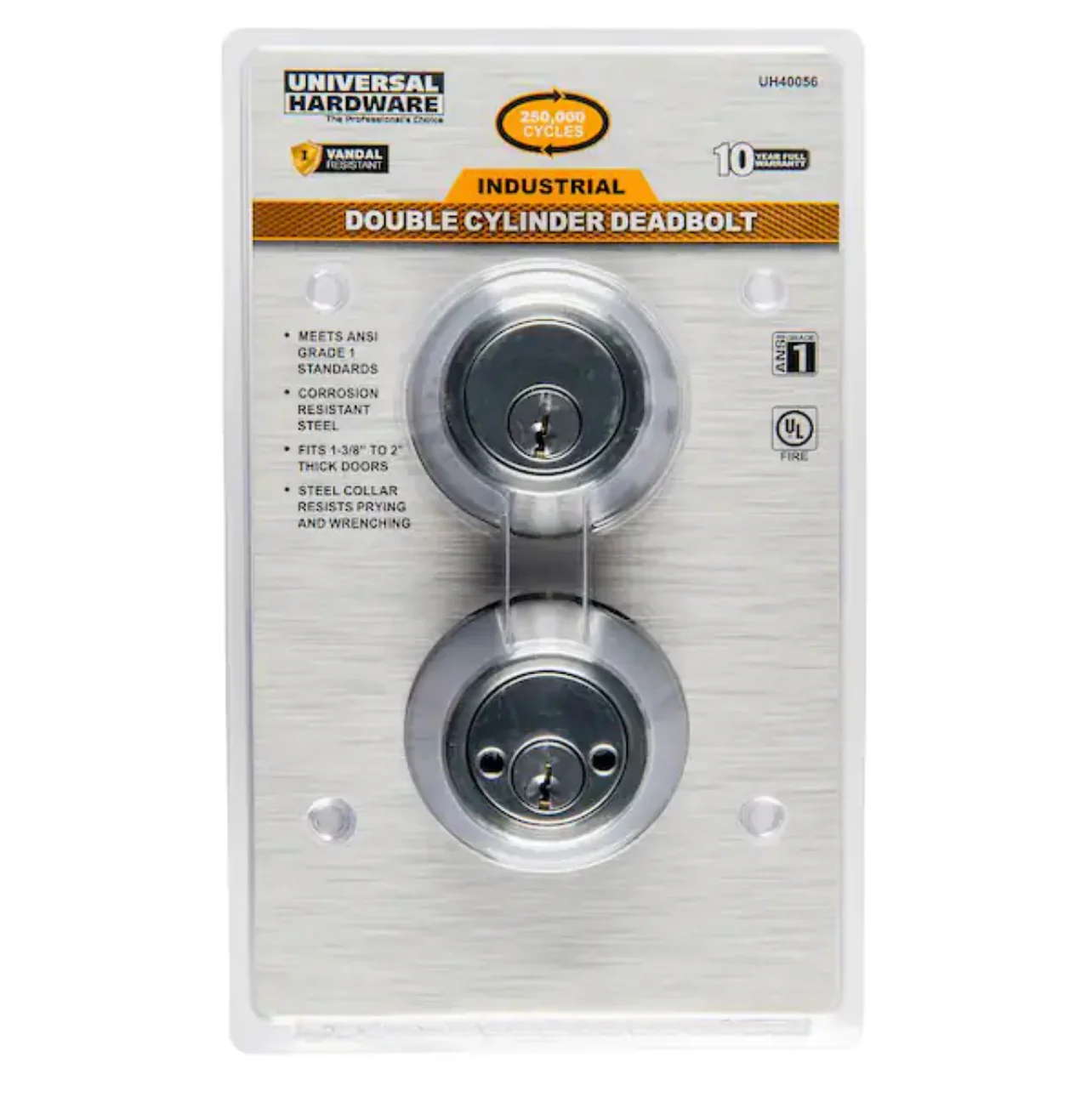 Universal Hardware Industrial Duty Commercial Double Cylinder Deadbolt, UL 3-Hr Fire ANSI Grade 1, Satin Chrome Finish Damaged Box - Image 2