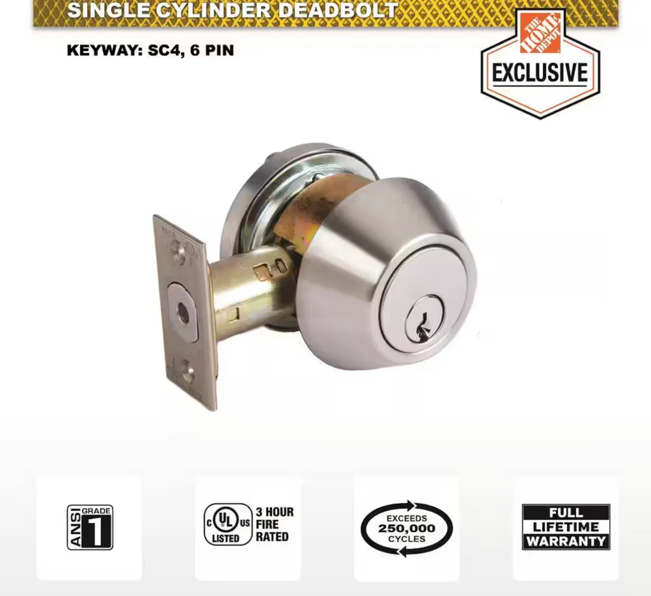 Universal Hardware  Industrial Duty Commercial Single Cylinder Deadbolt, UL 3-Hr Fire ANSI Grade 1, Satin Chrome Finish Damaged Box