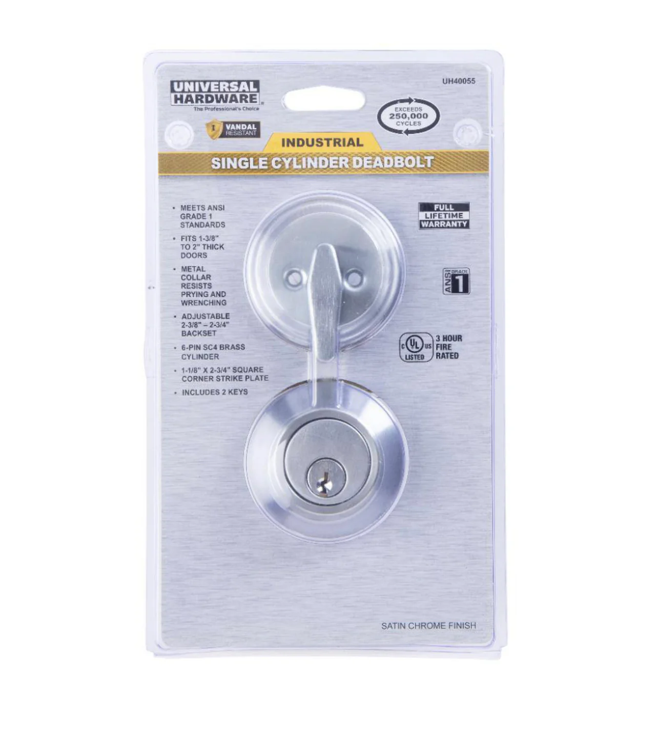 Universal Hardware  Industrial Duty Commercial Single Cylinder Deadbolt, UL 3-Hr Fire ANSI Grade 1, Satin Chrome Finish Damaged Box - Image 10