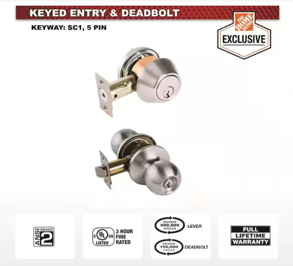 Universal Hardware Universal Hardware Light Duty Commercial ANSI Grade 2 Entry Knob and Deadbolt UL 3-Hr Fire, Keyed Alike Satin Chrome