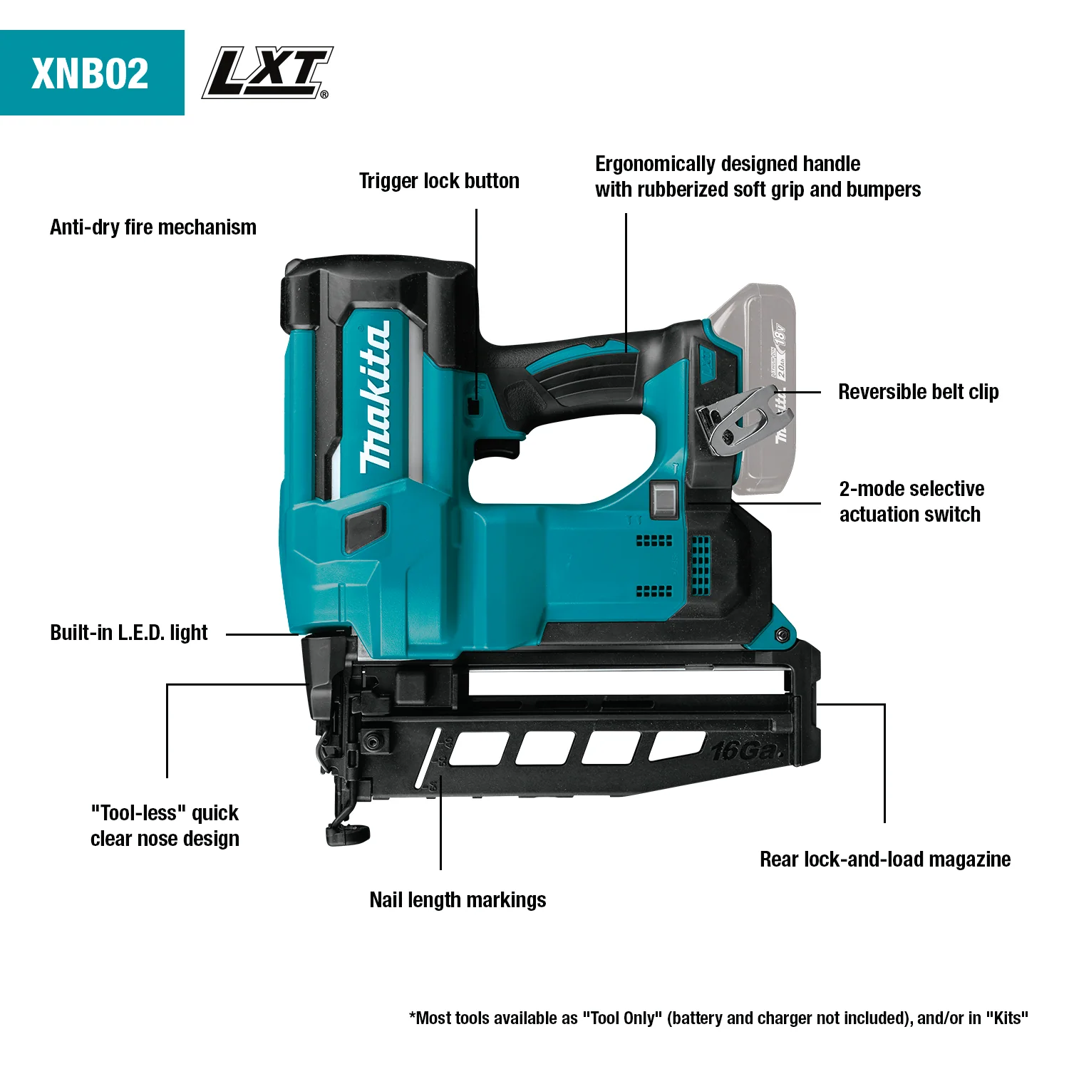 Makita 18 Volt LXT Factory Serviced 2-1/2  Inch Straight Finish Nailer, 16 Gauge Tool Only Factory Serviced - Image 2